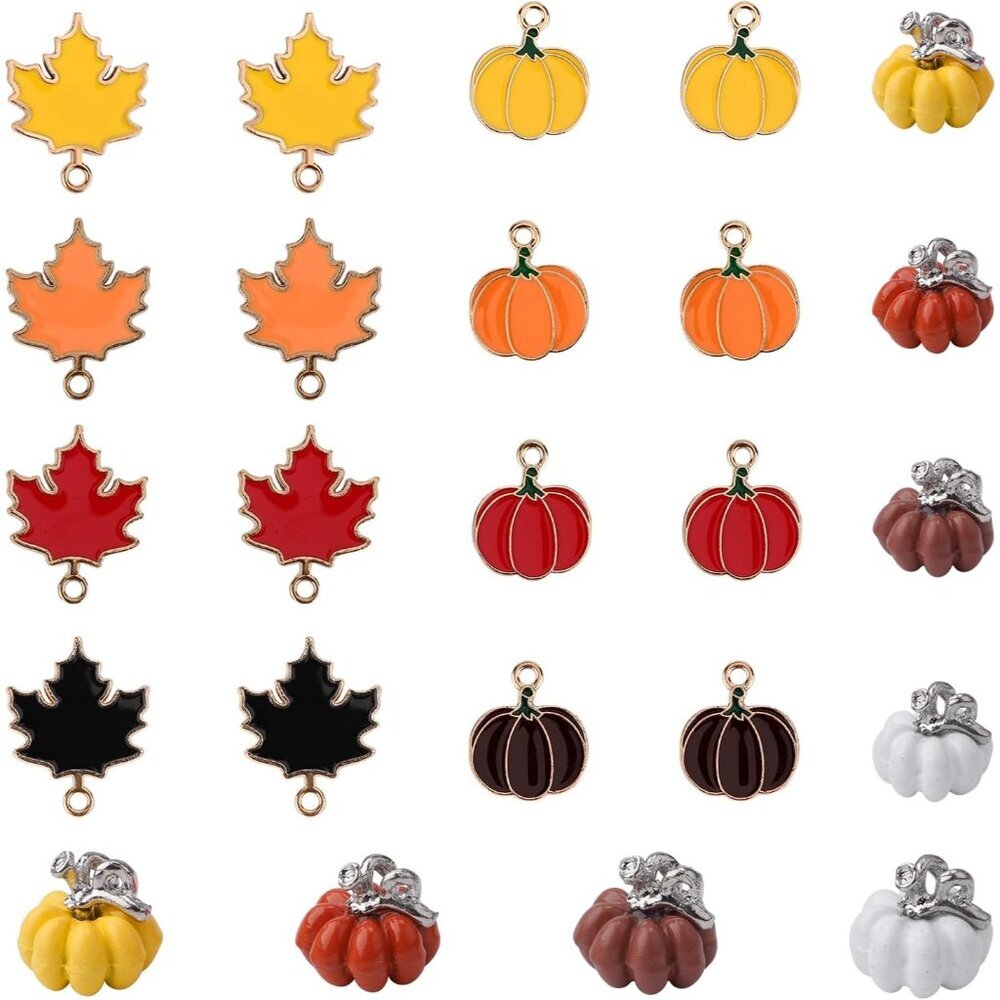 24pcs Fall Charms: Maple Leaf & Pumpkin Charm Set - DIY Jewelry Making Kit - Uni